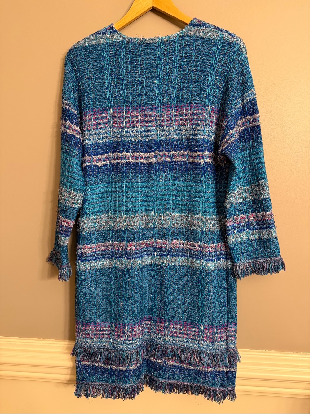 RARE NWT St. John Collection "Lagoon Multi" Tweed Fringe Cardigan Duster Coat - Picture 9 of 11